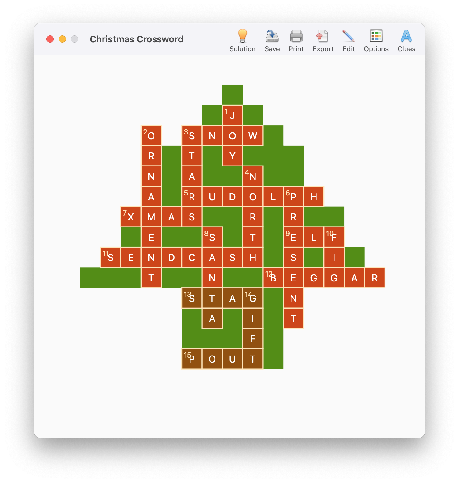 Crossword Studio screenshot, crossword in the shape of a Christmas tree