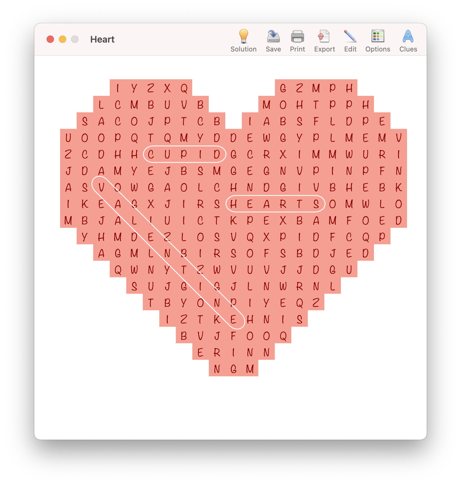 Crossword Studio screenshot, word search in the shape of a heart