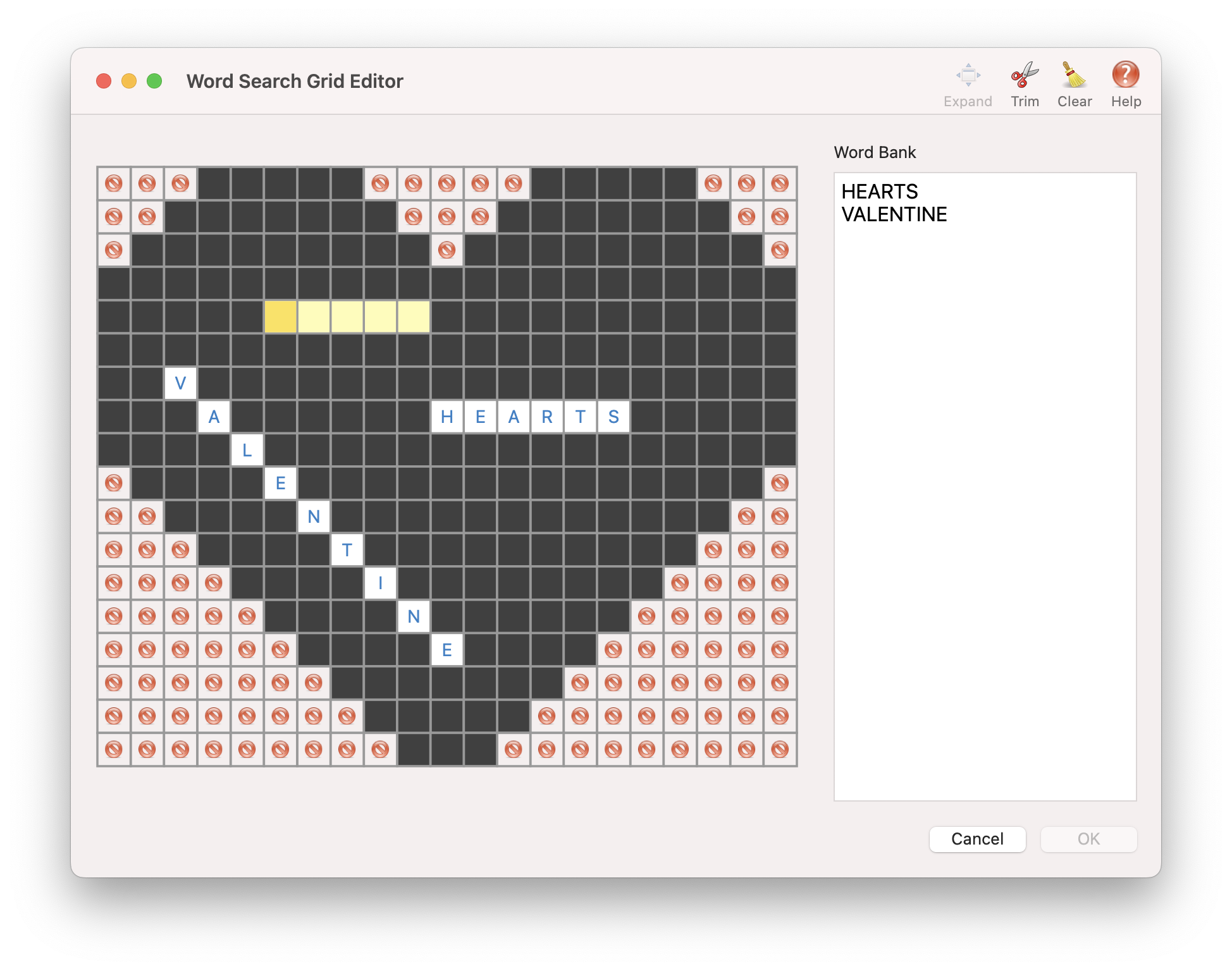 Crossword Studio screenshot, editing a word search to be in the shape of a heart