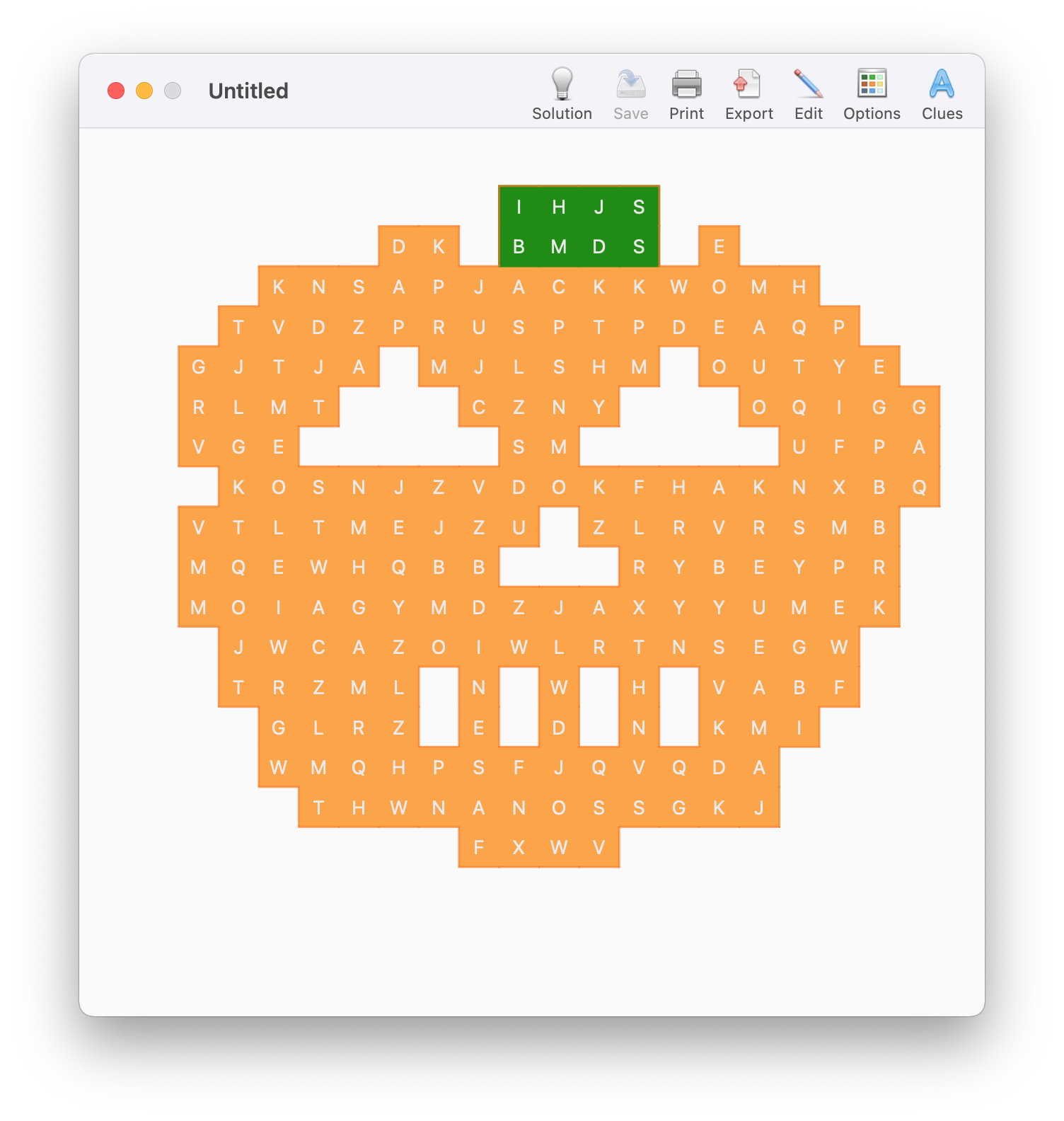 Crossword Studio screenshot, word search in the shape of a Jack-o-Latern