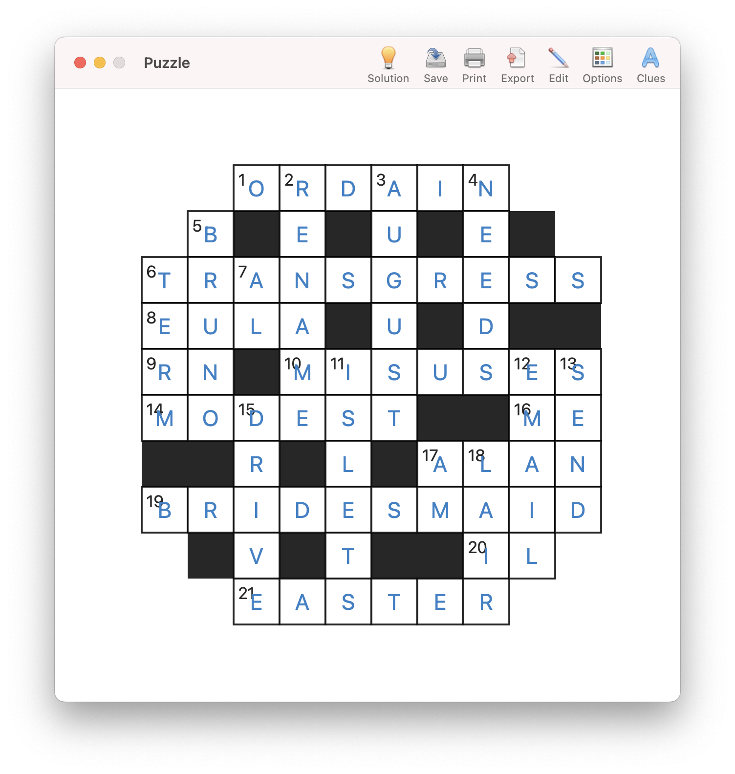 Crossword Studio screenshot, crossword with a non-square shape