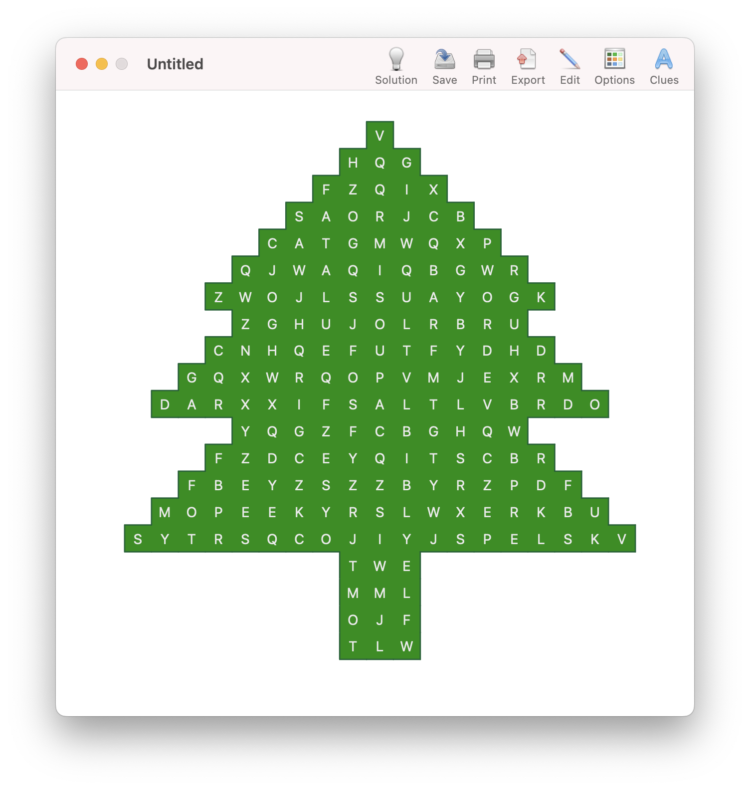 Crossword Studio screenshot, word search in the shape of a Christmas tree